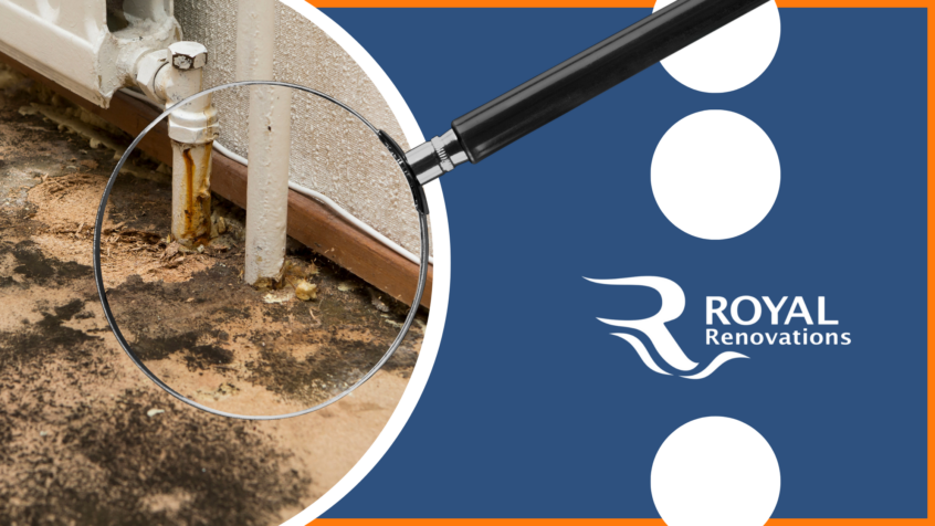 A magnifying glass highlights the buildup of mold and mildew of a radiator pipe. To the right of the glass is the Royal Renovations logo.